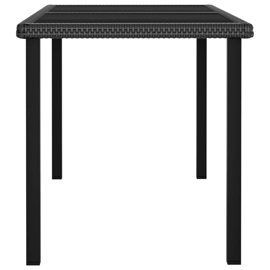 Black garden dining table with tempered glass top and durable poly rattan design, perfect for outdoor furniture.