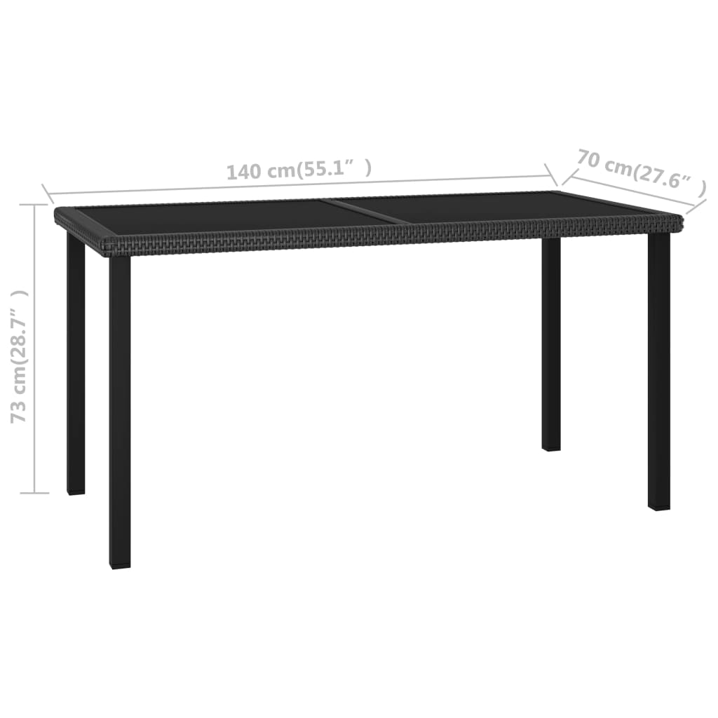 Garden dining table black 140x70x73 cm made of poly rattan with tempered glass top, perfect for outdoor furniture and patio decor.