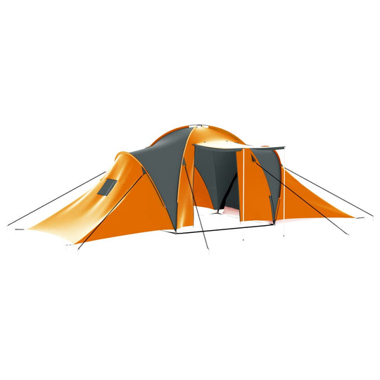 Large grey and orange camping tent for 9 people, ideal for outdoor adventures and easy to set up at campsites.