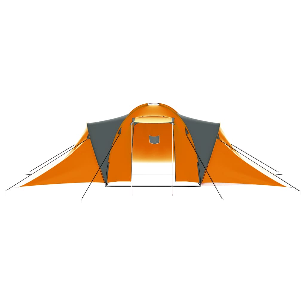 Large grey and orange camping tent for 9 persons, ideal for outdoor adventures and vacations.