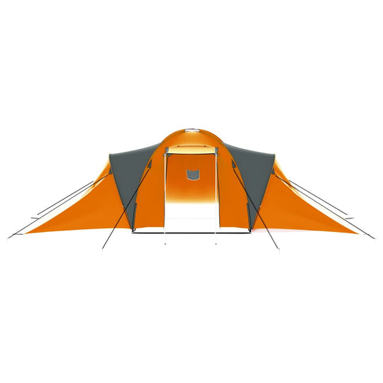 Large grey and orange camping tent for 9 persons, ideal for outdoor adventures and vacations.