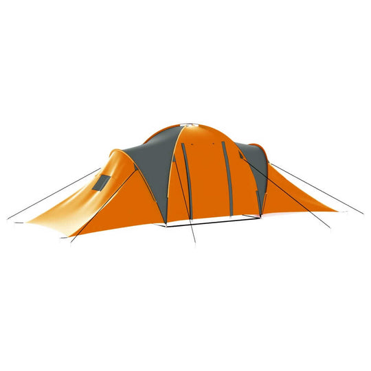 Large grey and orange camping tent for 9 persons, perfect for outdoor adventures and vacations. Easy setup and spacious interior.