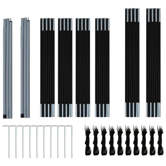 Camping tent pole and accessory set with grey and black rods, pegs, and cords for easy outdoor setup.