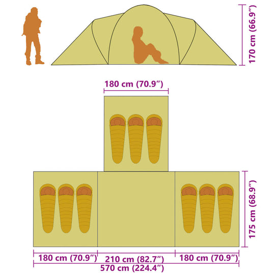 Dimensions and layout of a grey and orange 9-person camping tent, showing interior space for sleeping bags and seating.