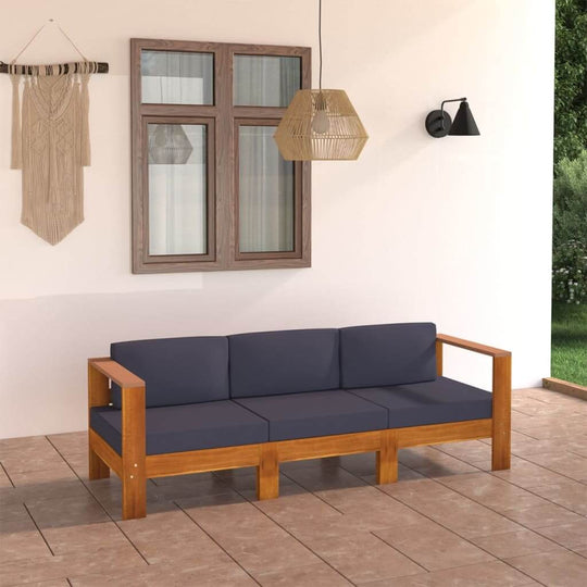 3-seater garden sofa with dark grey cushions in a modern outdoor setting, made of solid acacia wood, perfect for stylish outdoor furniture.