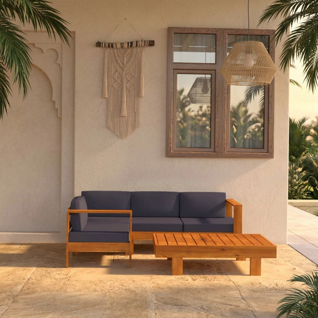 Acacia wood garden lounge set with dark cushions for outdoor patio or balcony relaxation.