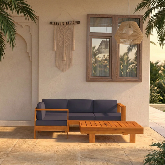 Acacia wood garden lounge set with dark cushions for outdoor patio or balcony relaxation.