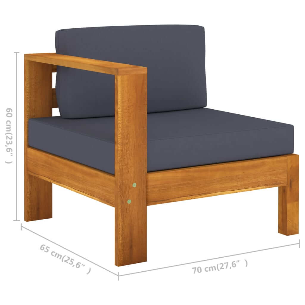 Acacia wood lounge chair with dark grey cushion, featuring dimensions and sturdy design for outdoor comfort.