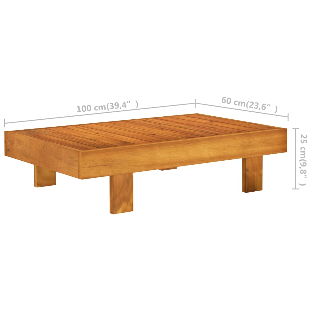 Acacia wood outdoor coffee table dimensions: 100cm x 60cm x 25cm, perfect for garden lounge sets and outdoor furniture.