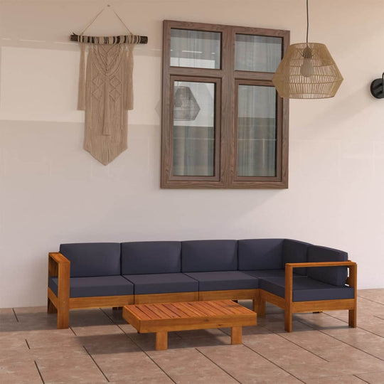 6 Piece outdoor lounge set with dark grey cushions and acacia wood frame, perfect for garden or patio decor.