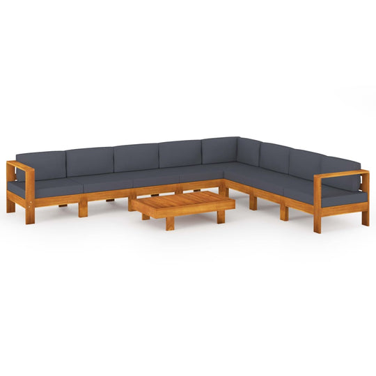 9 Piece Garden Lounge Set with Dark Cushions Acacia Wood, featuring sturdy acacia wood construction and thickly padded seating.