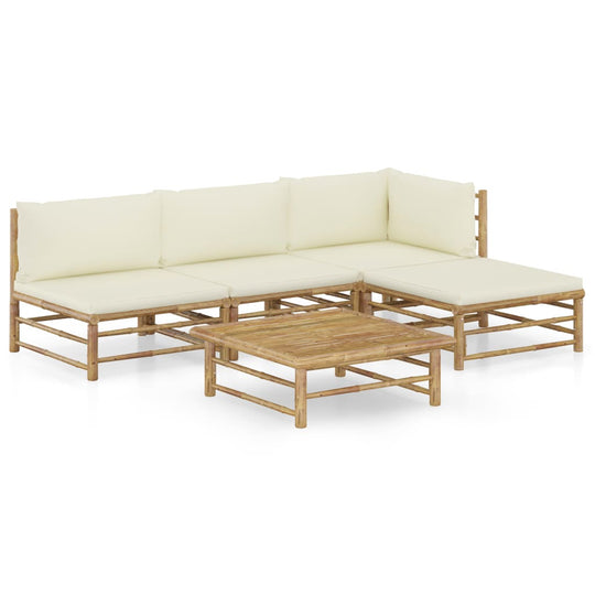 5 Piece Garden Lounge Set with Cream Cushions Bamboo , Outdoor Furniture Sets , Durable,eligant,Furniture -,Home & Garden -,Modern Design,new-305021,Outdoor Furniture -,Outdoor Furniture Sets,Wooden Furniture