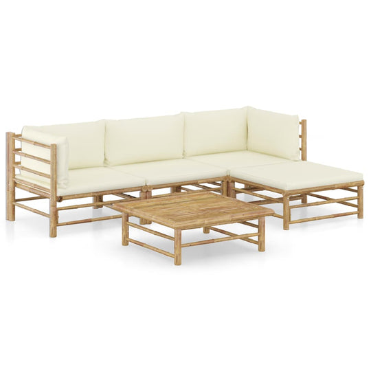 5 Piece Garden Lounge Set with Cream Cushions Bamboo featuring a modular design and thick cushions for comfort.