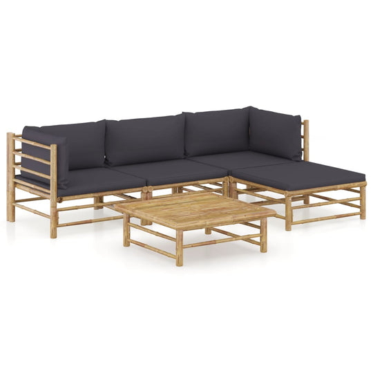 5 Piece Garden Lounge Set with Dark Cushions Bamboo, featuring bamboo frame and thick cushions for outdoor relaxation.