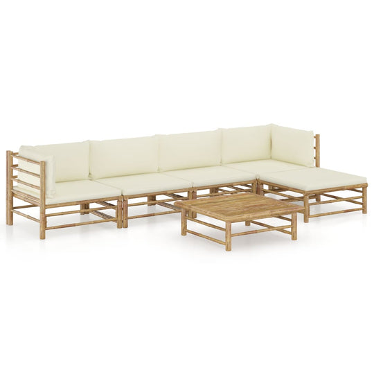 6 Piece Garden Lounge Set with Cream Cushions Bamboo featuring bamboo frame and removable cushions.