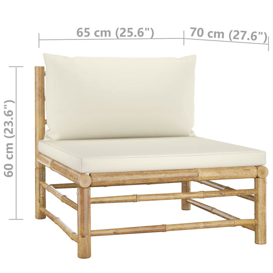 6 Piece Garden Lounge Set with Cream Cushions Bamboo chair with measurements, featuring thick cushions and bamboo frame.
