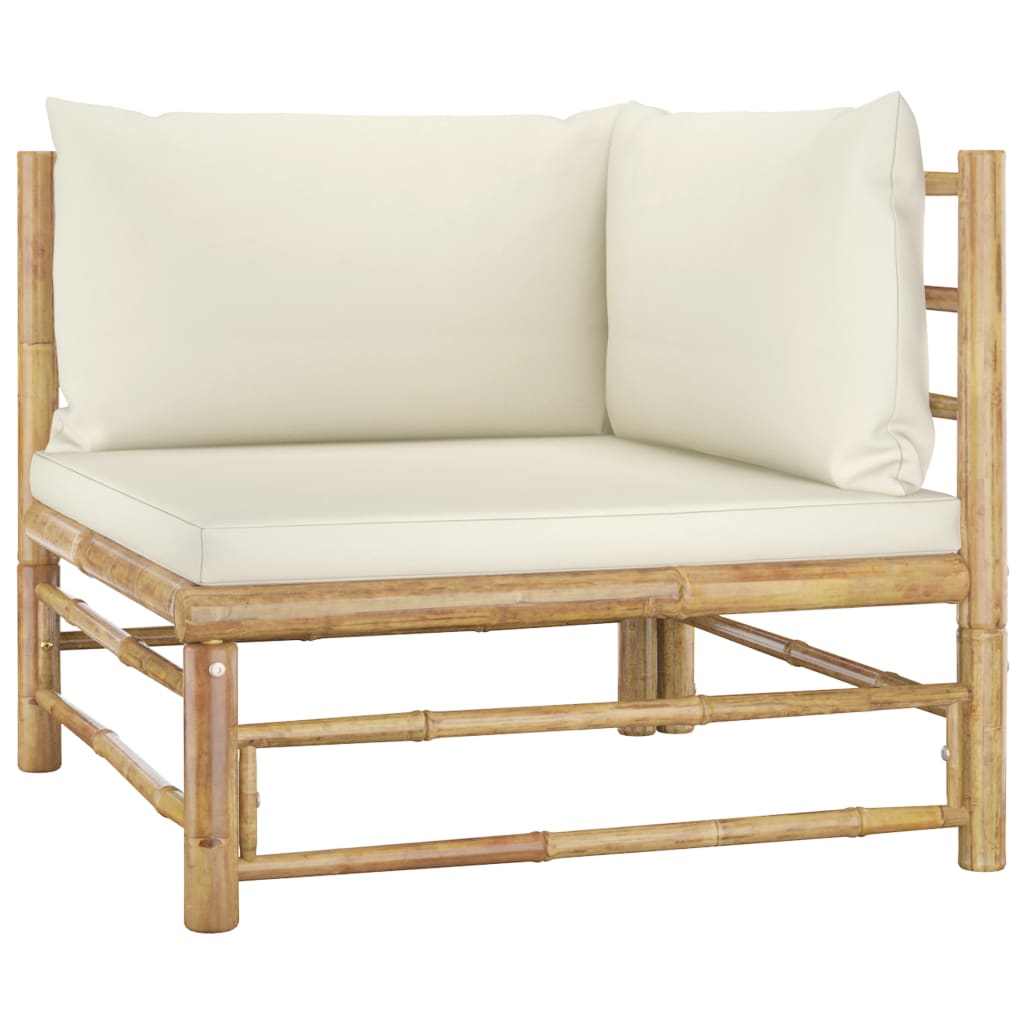 6 Piece Garden Lounge Set with Cream Cushions Bamboo corner seat with thick cream cushions and bamboo frame.
