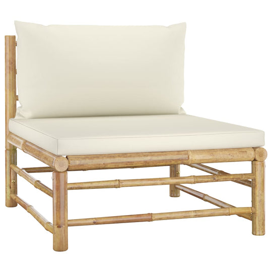 6 Piece Garden Lounge Set with Cream Cushions Bamboo chair with removable cushion, suitable for outdoor lounging.