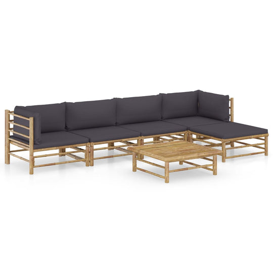 6 Piece Garden Lounge Set with Dark Cushions Bamboo featuring a modular design and thick cushions for comfort.