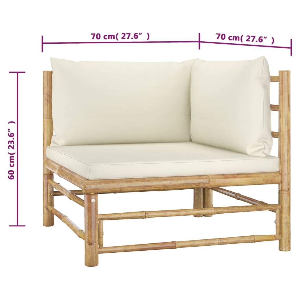 Piece Garden Lounge Set with Cream Cushions Bamboo corner seat with dimensions displayed.
