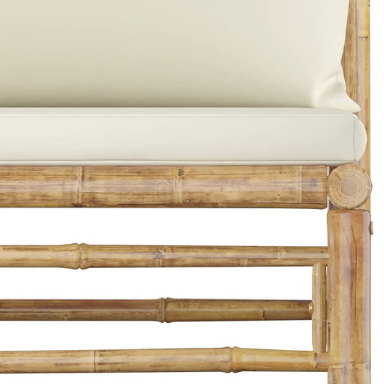 Close-up of bamboo frame with cream cushion from the 3-Piece Garden Lounge Set – Bamboo with Cream Cushions | Elegant Outdoor Seating UAE.