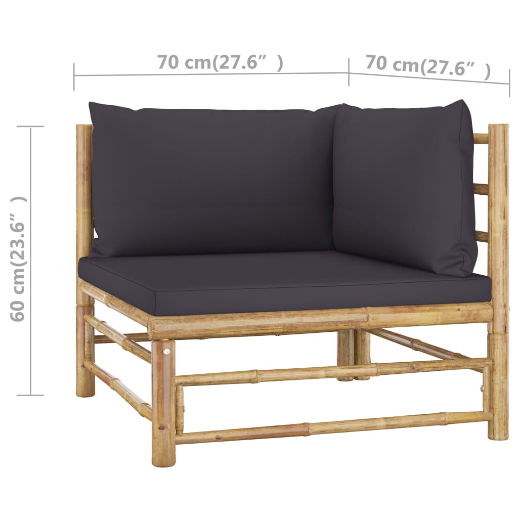 4 Piece Garden Lounge Set with Dark Cushions Bamboo corner lounge chair with dark cushions and bamboo frame.
