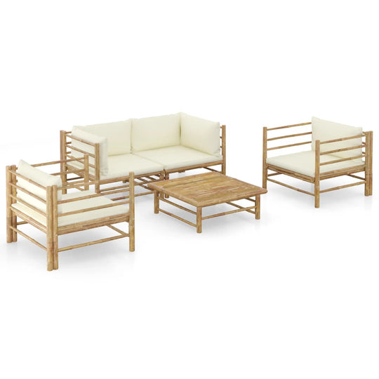 5 Piece Garden Lounge Set with Cream Cushions Bamboo, featuring a bamboo frame and removable cushion covers.