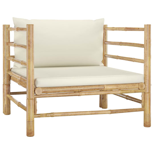 5 Piece Garden Lounge Set with Cream Cushions Bamboo chair with thick cream cushions and bamboo frame.