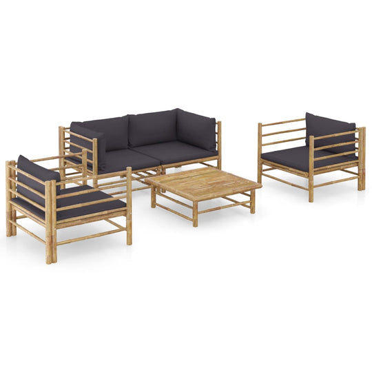5 Piece Garden Lounge Set with Dark Cushions Bamboo - stylish bamboo outdoor furniture with thick cushions.