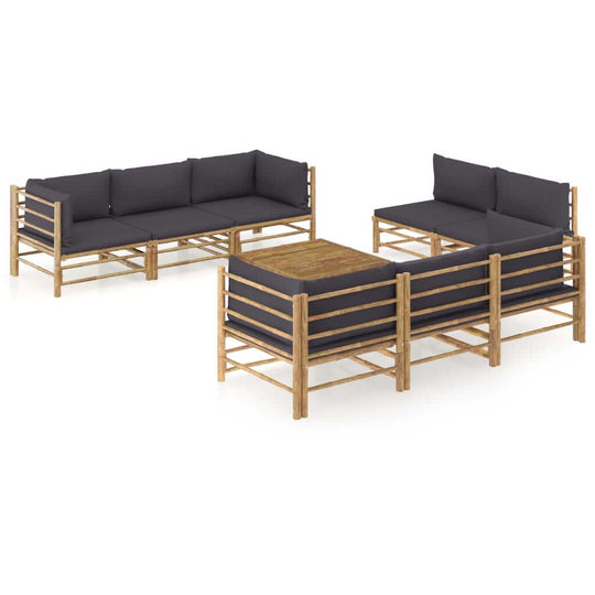 9 Piece Garden Lounge Set with Dark Cushions Bamboo featuring modular design and thick padded cushions.