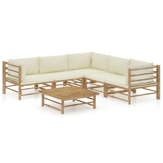 6 Piece Garden Lounge Set with Cream Cushions Bamboo, featuring a stylish bamboo frame and comfortable cushions.