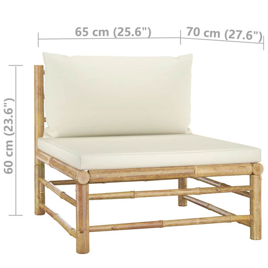 6 Piece Garden Lounge Set with Cream Cushions Bamboo chair with measurements of 65 cm x 70 cm x 60 cm.