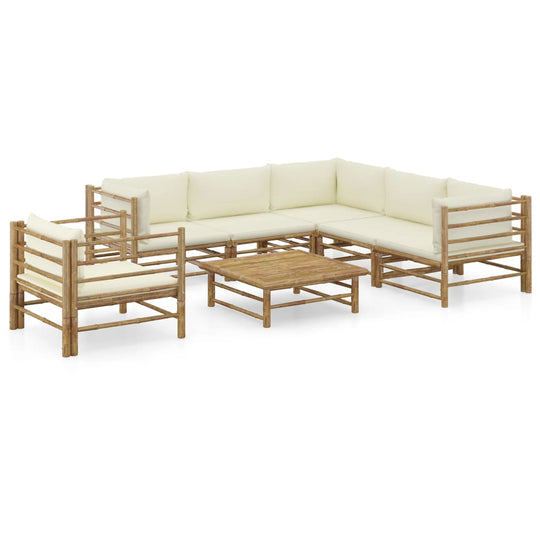 7 Piece Garden Lounge Set with Cream Cushions Bamboo displayed in a stylish outdoor setting.