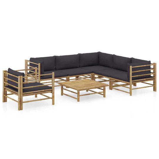 7 Piece Garden Lounge Set with Dark Cushions Bamboo featuring a modular design and thick padded cushions.