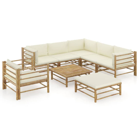 8 Piece Garden Lounge Set with Cream Cushions Bamboo featuring modular design and removable cushion covers.