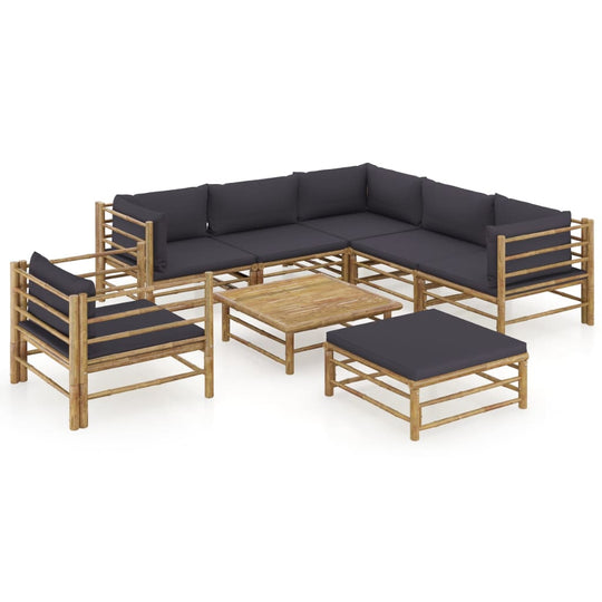 8 Piece Garden Lounge Set with Dark Cushions Bamboo arranged in a cozy outdoor setting with thick cushions.
