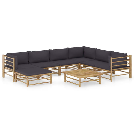 8 Piece Garden Lounge Set with Dark Cushions Bamboo in a spacious outdoor setting.