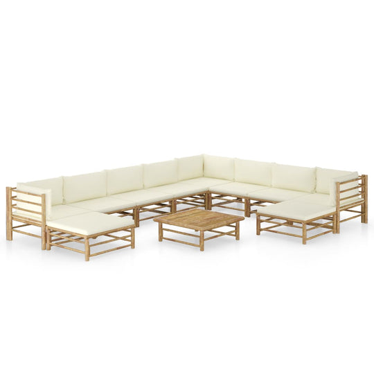 11 Piece Garden Lounge Set with Cream Cushions Bamboo arranged in a modular design on a white background.