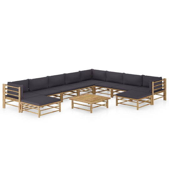 11 Piece Garden Lounge Set with Dark Cushions Bamboo featuring a modular design and thick cushions for ultimate comfort.