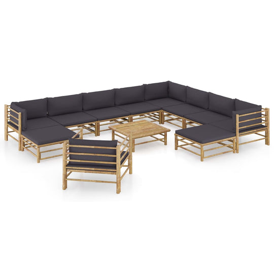 12 Piece Garden Lounge Set with Dark Cushions Bamboo arranged for outdoor relaxation.