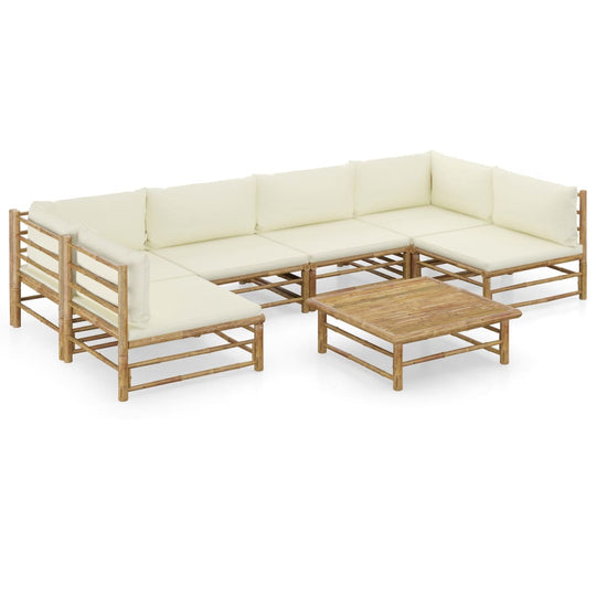 7 Piece Garden Lounge Set with Cream Cushions Bamboo, featuring modular design and removable cushion covers.