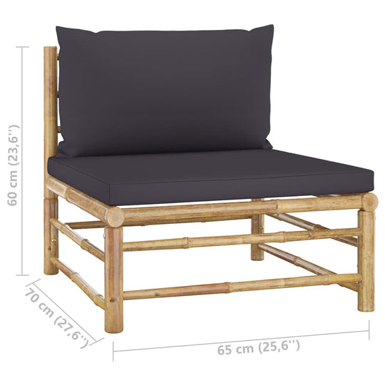 7 Piece Garden Lounge Set with Dark Cushions Bamboo single lounge chair with dark cushions and bamboo frame.