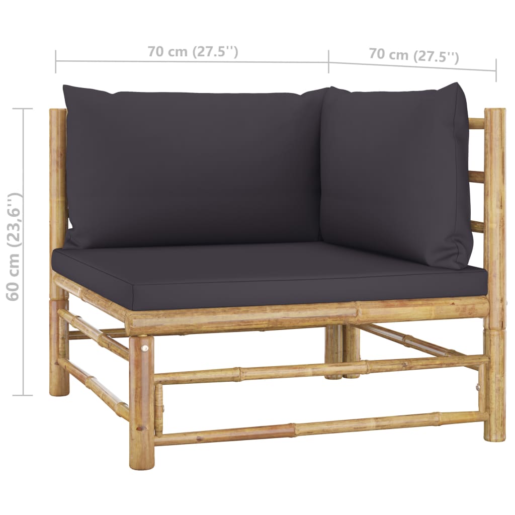 6 Piece Garden Lounge Set with Dark Cushions Bamboo corner seat with dark cushions and bamboo frame.
