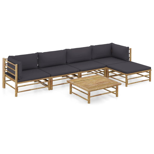 6 Piece Garden Lounge Set with Dark Cushions Bamboo featuring a modular design and thickly padded cushions.