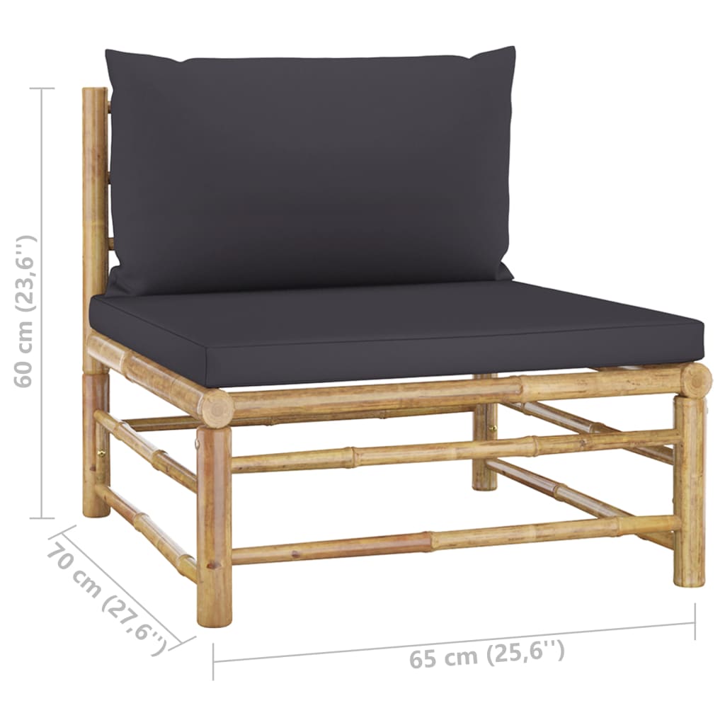 6 Piece Garden Lounge Set with Dark Cushions Bamboo lounge chair with dark cushion and bamboo frame.