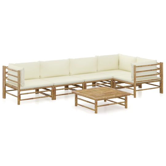 6 Piece Garden Lounge Set with Cream Cushions Bamboo, featuring bamboo frame and removable cushions.