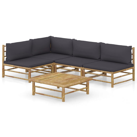 5 Piece Garden Lounge Set with Dark Grey Cushions Bamboo