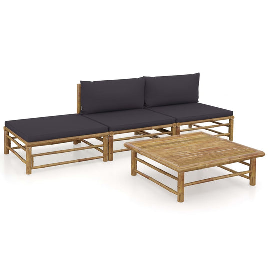 4 Piece Garden Lounge Set with Dark Cushions Bamboo featuring a stylish bamboo frame and comfortable dark cushions.