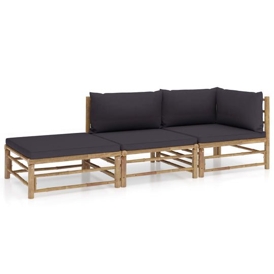 3 Piece Garden Lounge Set with Dark Cushions Bamboo in a stylish outdoor setting with dark cushions for comfort.