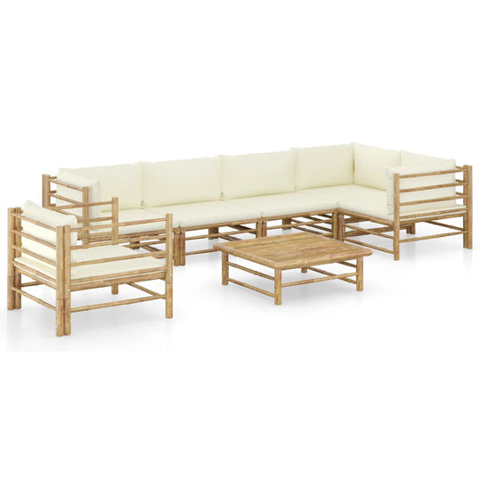 7 Piece Garden Lounge Set with Cream Cushions Bamboo - Stylish bamboo construction with removable cushions.